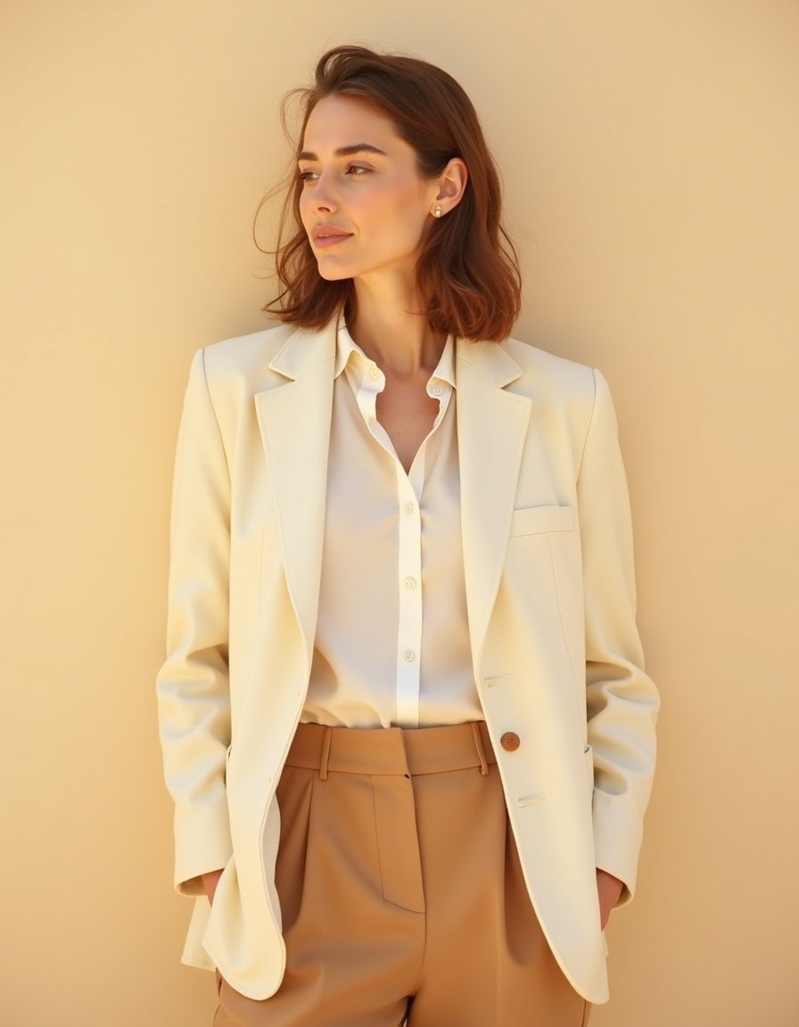 Silhouette femme en tenue aux tons ivoire et cognac