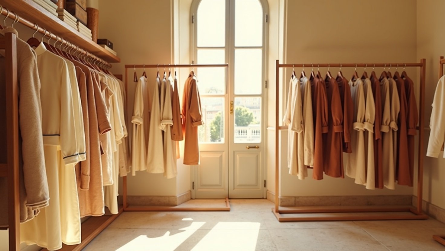 Intérieur de la boutique NO VOID PLUS à Aix-en-Provence, portants de vêtements aux tons naturels