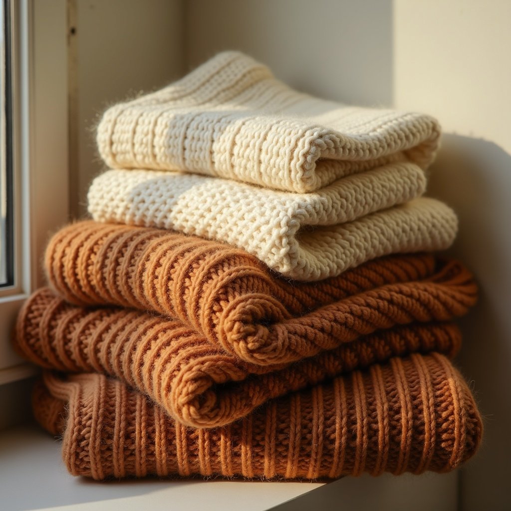 Pulls en maille pliés, détail des matières naturelles